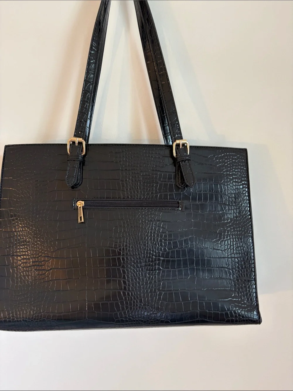 Black Croc-Embossed Laptop Tote with Front Zip Compartment